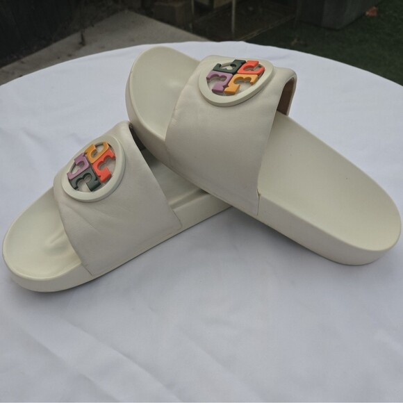 Tory Burch Lina Rainbow Logo Slides Sandals Nappa Leather Ivory Women's 11M - Picture 6 of 7